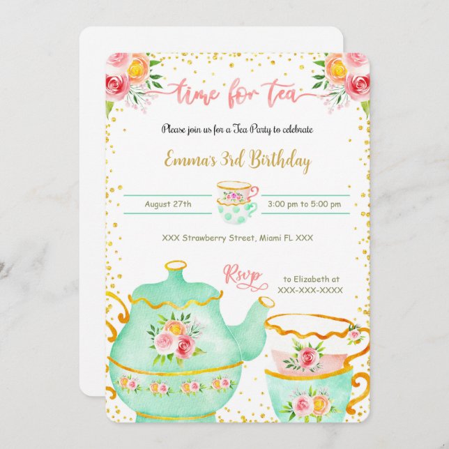 Invitación a la fiesta de té del tercer cumpleaños (Anverso / Reverso)