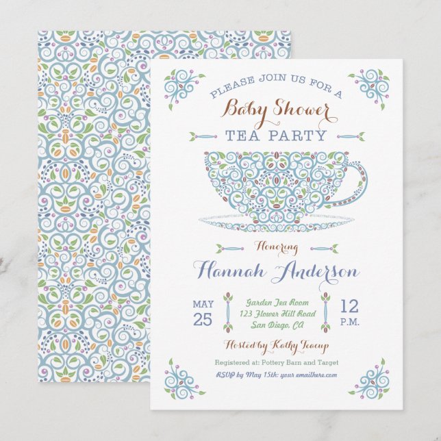 Invitación a la fiesta de té para baby shower - Ba (Anverso / Reverso)