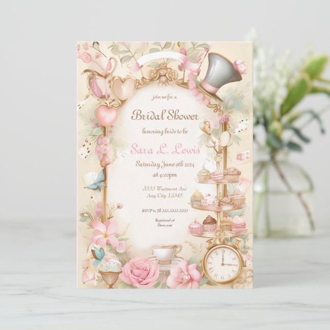 Invitación a la fiesta de Tea Bridal Shower (Anverso de pie)