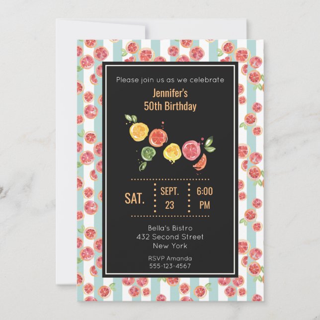 Invitación a la fiesta de Toronjas rosadas sobre r (Anverso)