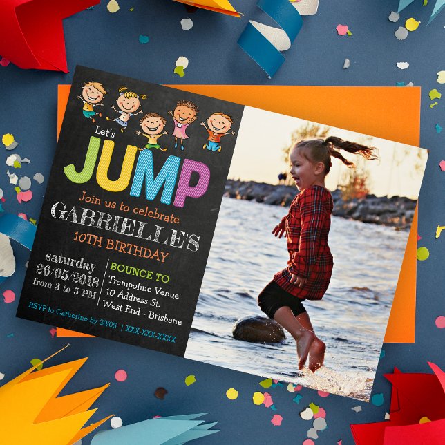 Invitación a la fiesta de Trampoline de la foto (Jump into fun with our trampoline party! Bounce, laugh, and celebrate in the air!)