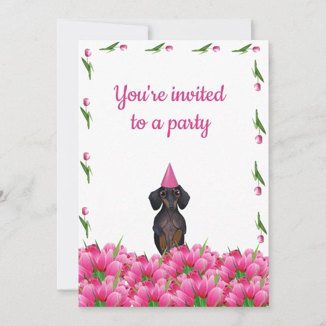 Invitación a la fiesta de Tulip Dachshund rosa (Anverso)