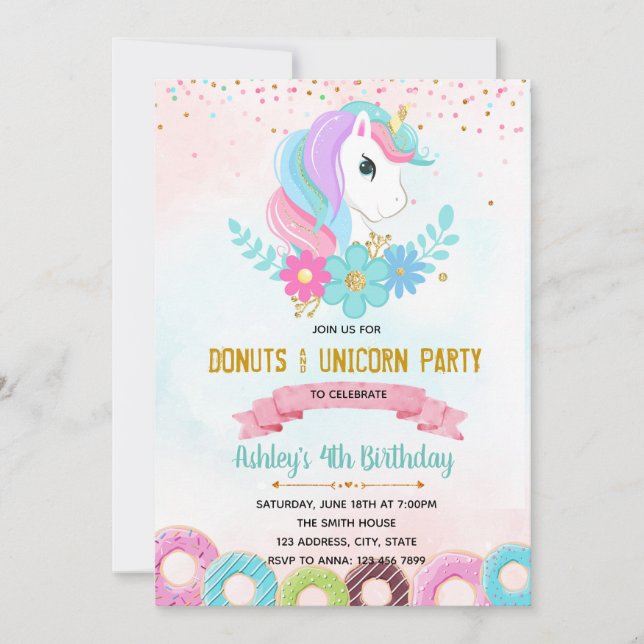 Invitación a la fiesta de Unicorn Donut (Anverso)