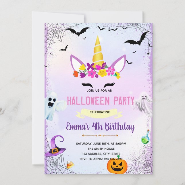 Invitación a la fiesta de unicornio de Halloween (Anverso)