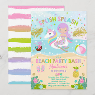 Invitación A La Fiesta De Unicornio Y Mermaid Beac