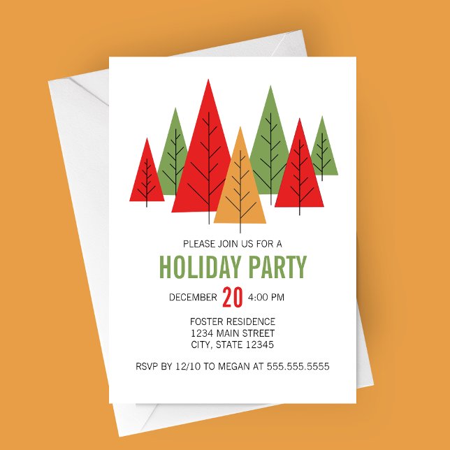 Invitación a la fiesta de vacaciones de los árbole (Modern Colorful Trees Holiday Party Invitation)