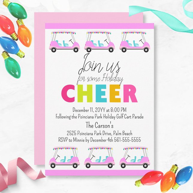 Invitación a la fiesta de vacaciones del desfile d (Fun Pink Holiday Golf Cart Parade Party Invitation. Holiday Cheer in tropical style)