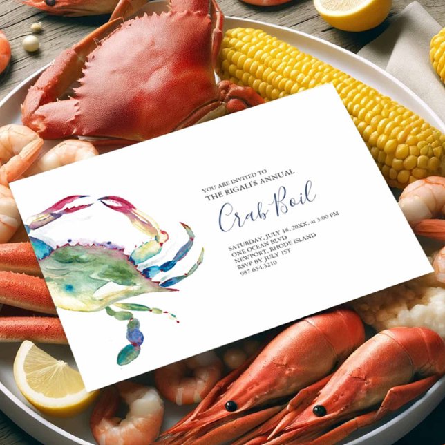 Invitación a la fiesta de verano de Blue Crab Boil (Seafood boil invitations features a watercolor blue crab art by Victoria Grigaliunas Do Tell A Belle)