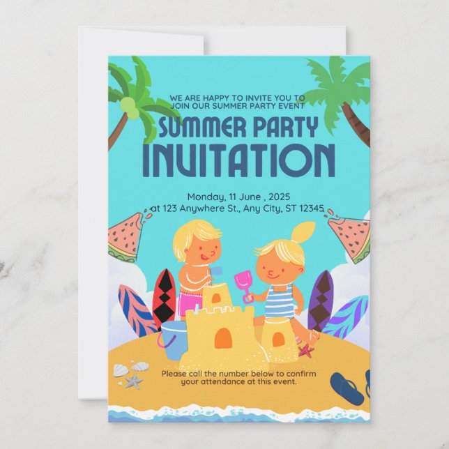 Invitación a la fiesta de verano de Cute Kids Beac (Anverso)