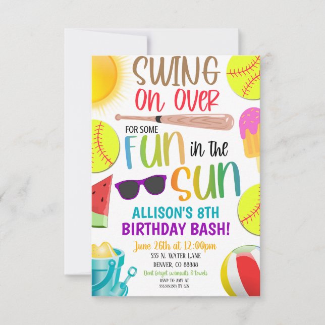 Invitación a la fiesta de verano de sóftbol (Anverso)