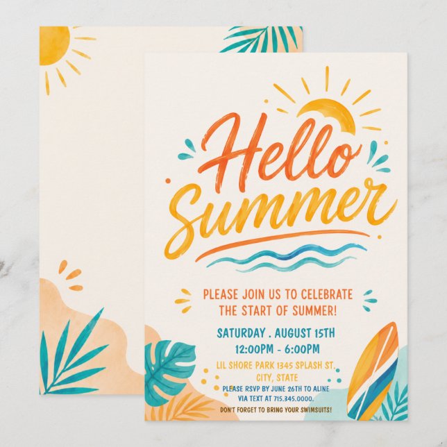 Invitación a la Fiesta de Verano en la Playa Hello (Anverso / Reverso)