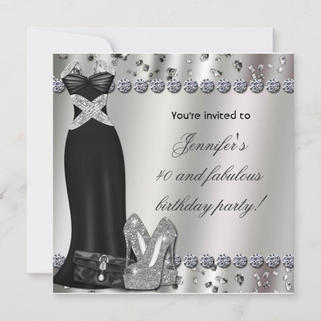 Invitación a la fiesta de vestido negro formal con (Anverso)