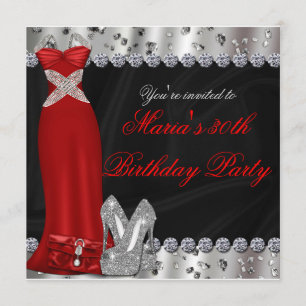 Invitación a la fiesta de vestido rojo plateado fo