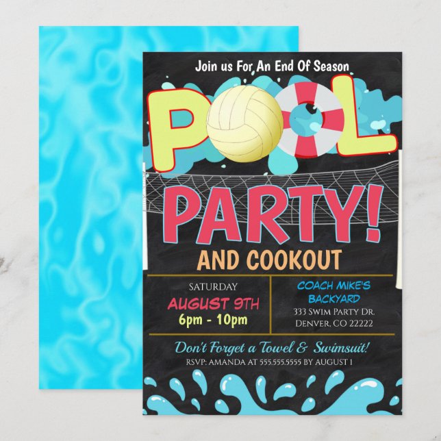 Invitación a la fiesta de voleibol de piscina de v (Anverso / Reverso)