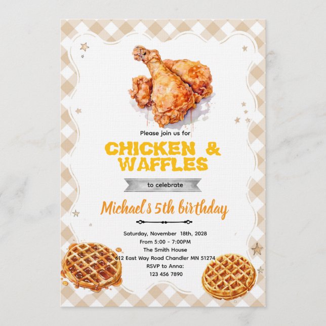 Invitación a la fiesta de waffles y pollo (Anverso)