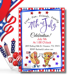 Invitación a la fiesta del 4 de julio con hot dog 