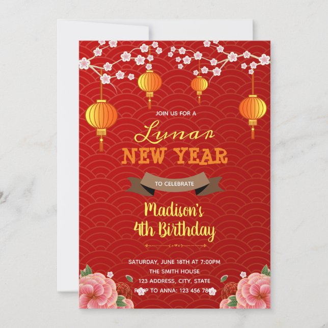 Invitación a la fiesta del año nuevo feliz lunar (Anverso)