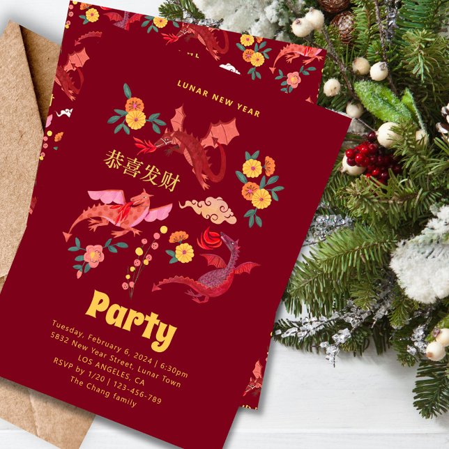 Invitación a la fiesta del Año Nuevo Lunar Rojo Ch (Chinese Red Lunar New Year Party Invitation)