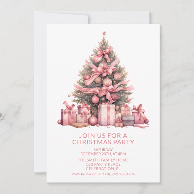 Invitación a la fiesta del árbol de Navidad rosa (Anverso)