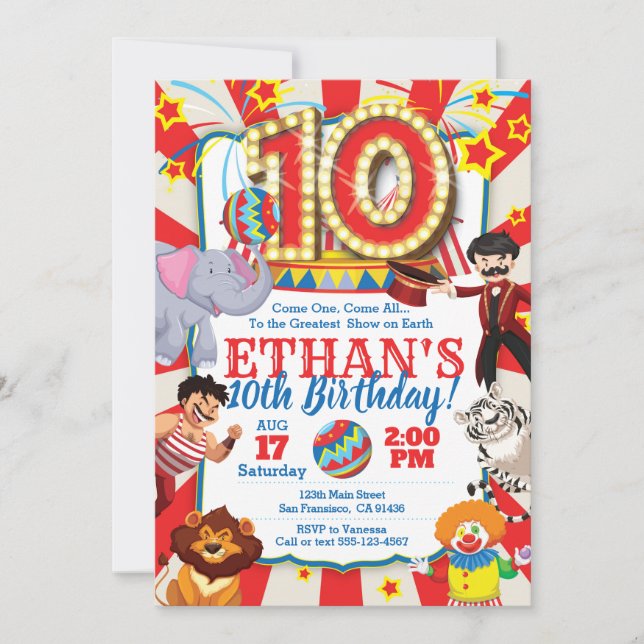 Invitación a la Fiesta del Circo por décimo cumple (Anverso)
