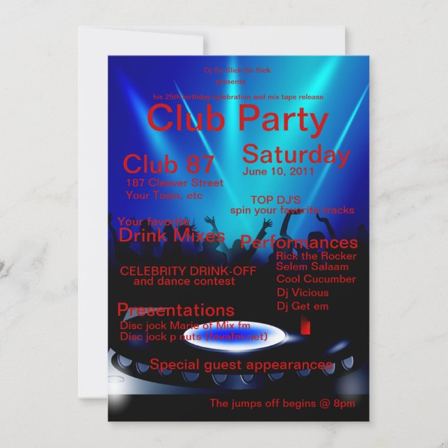 Invitación a la fiesta del club DJ (Anverso)