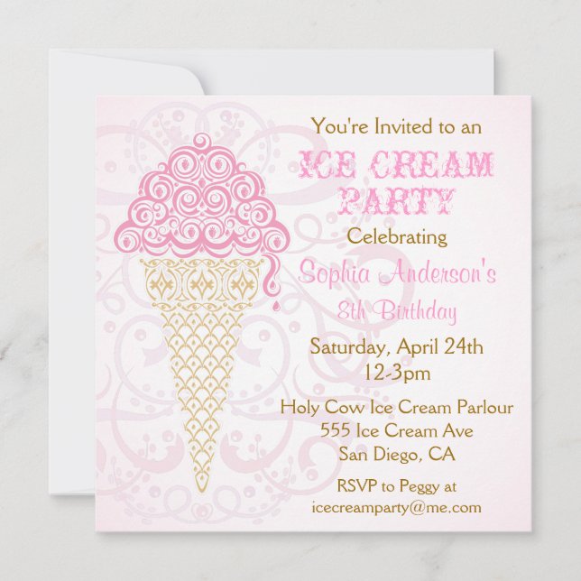 Invitación a la fiesta del cono de helado (Anverso)