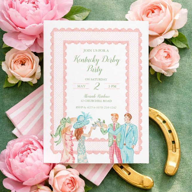 Invitación a la fiesta del Derby de Kentucky, dise (Elegant Kentucky Derby party invitation with roses, gold horseshoe, and garden greens)