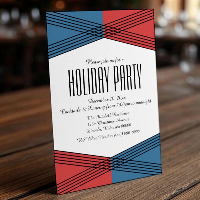 Invitación a la fiesta del Día del Día del Deco, d (Blue Red Colorful Deco Holiday Party Invite)