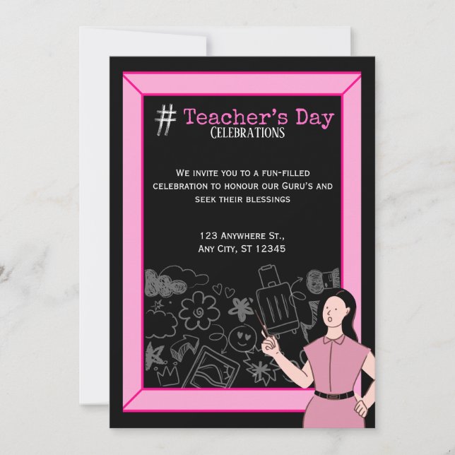 Invitación a la fiesta del Día del Maestro rosa y  (Anverso)