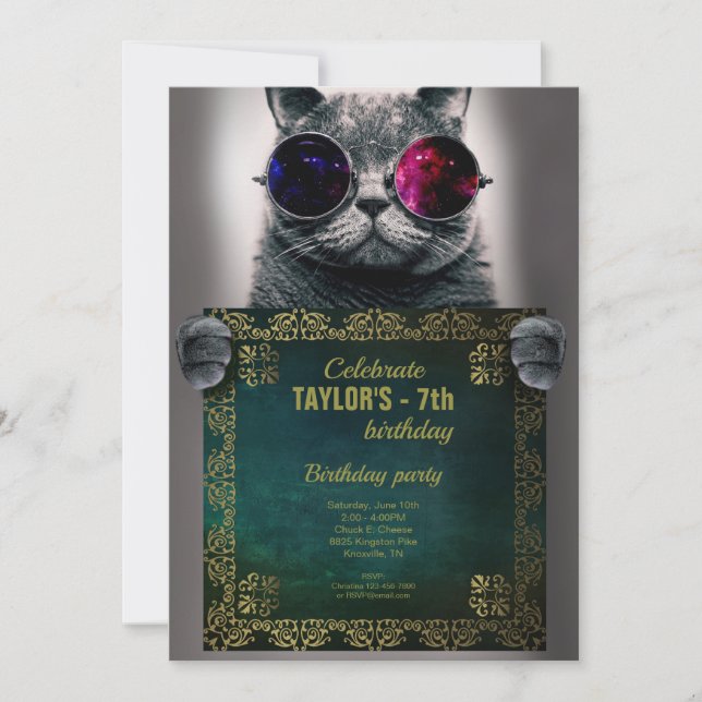Invitación a la fiesta del gato con gafas (Anverso)