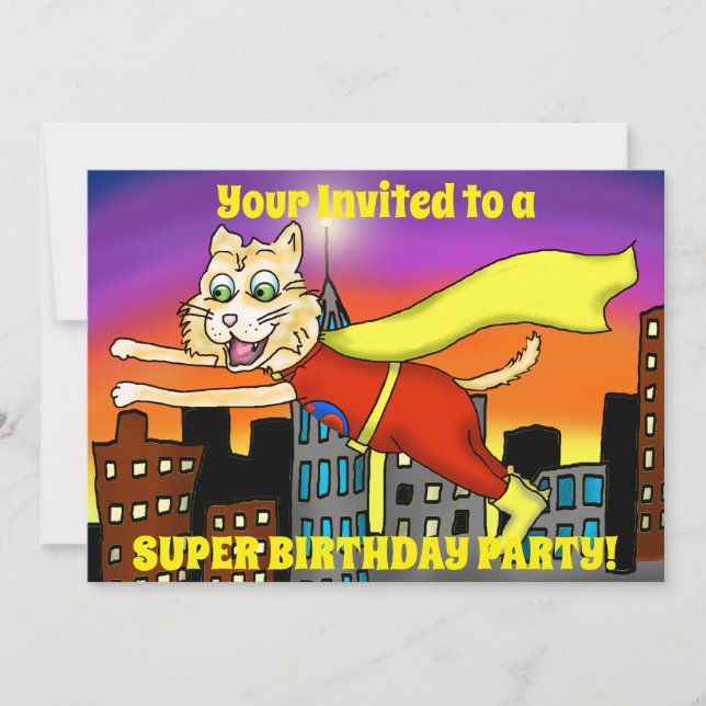 Invitación a la fiesta del gato del super héroe (Anverso)