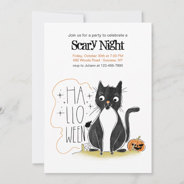 Invitación a la fiesta del gato negro de Halloween (Anverso)