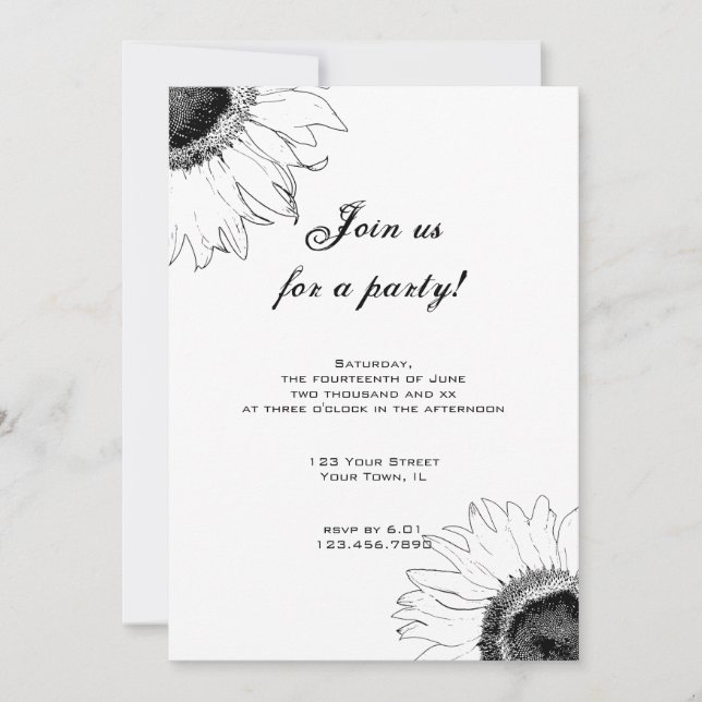 Invitación a la fiesta del girasol blanco y negro (Anverso)