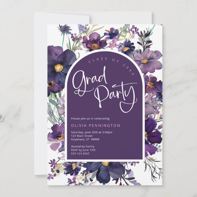 Invitación a la fiesta del Grad Floral Morado (Anverso)
