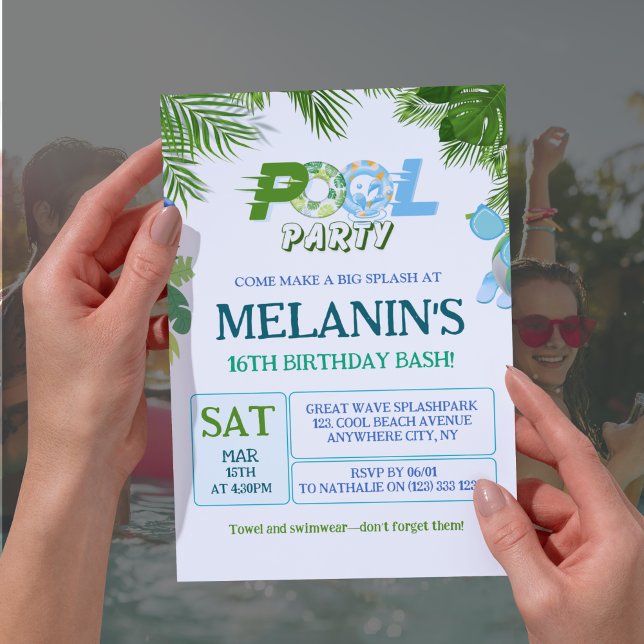 Invitación a la fiesta del grupo de chicos - Cumpl (Boy Pool Party Invitation – Cool Dude Birthday Template

)
