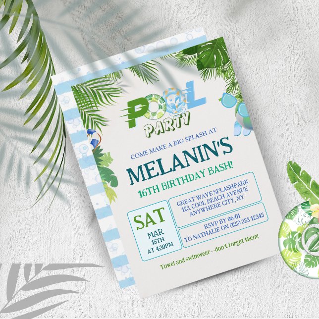 Invitación a la fiesta del grupo de chicos - Cumpl (Cool Dude Pool Party Birthday Invitation - Fun Tropical Design)