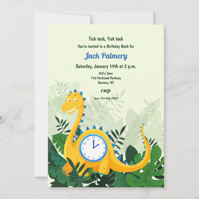 Invitación a la fiesta del reloj de los dinosaurio (Anverso)