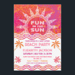 Invitación a la fiesta del sol de verano<br><div class="desc">Divertido en la Invitación al Sol con olas, un sol de encía, palmeras y colores tropicales calientes. Prefecto para playa, piscina, dulce dieciséis, cumpleaños, barbacoa, o cualquier Fiesta de verano. Sólo cambia la redacción. Personalizar con su propio texto. Habitación en la parte de atrás para más información o Foto. Ilustracion...</div>