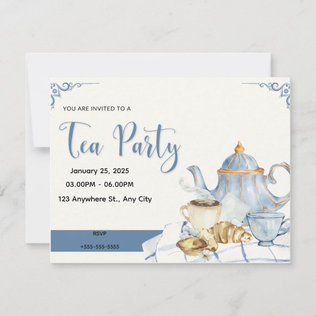 Invitación a la fiesta del té azul y blanco (Anverso)