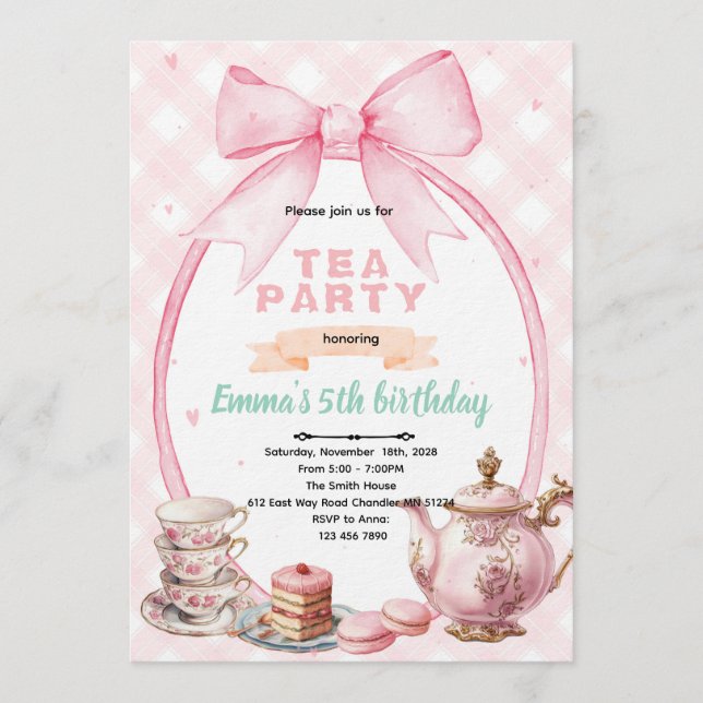 Invitación a la fiesta del té con lazo (Anverso)