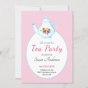 Invitación a la fiesta del té con tetera floral en