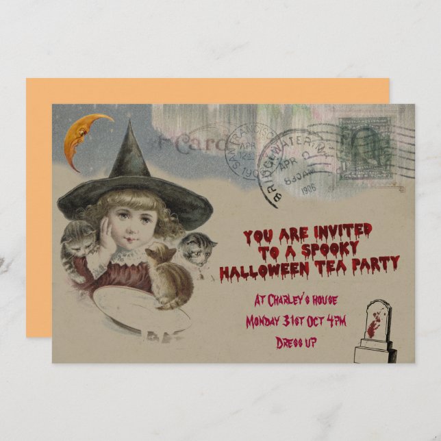 Invitación a la fiesta del té de Halloween (Anverso / Reverso)