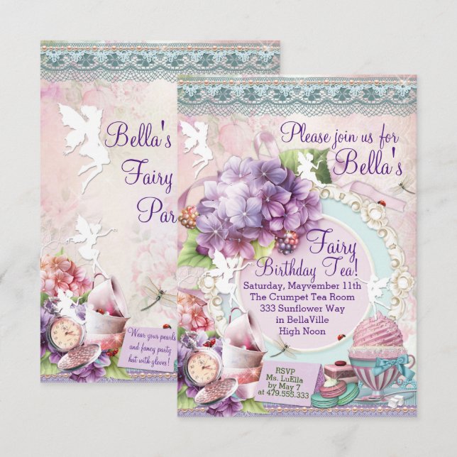 Invitación a la fiesta del té en el jardín de hada (Anverso / Reverso)