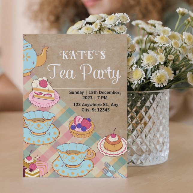 Invitación a la fiesta del té femenina rosa y azul (Subido por el creador)