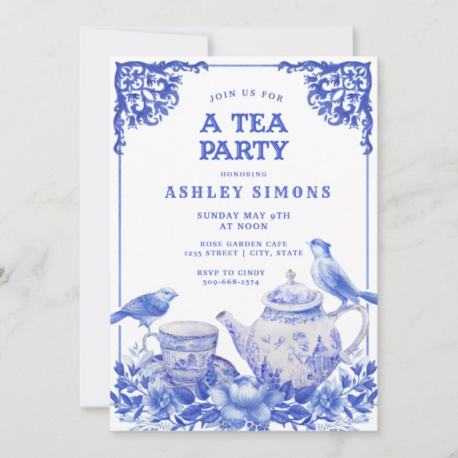 Invitación a la fiesta del té floral azul y blanco (Anverso)