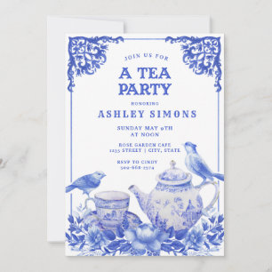 Invitación a la fiesta del té floral azul y blanco