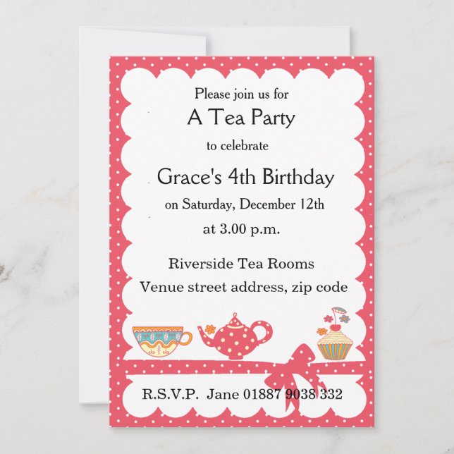 Invitación a la fiesta del té infantil para niños  (Anverso)