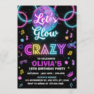 Invitación a la fiesta disco Let's Glow Crazy - bo