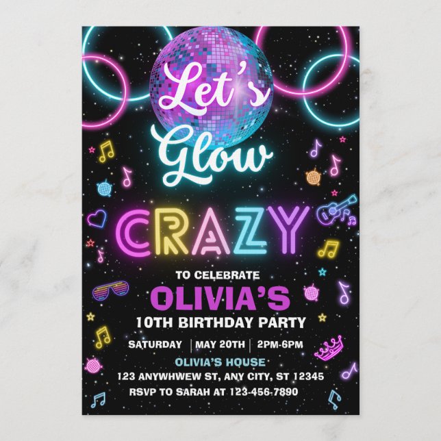 Invitación a la fiesta disco Let's Glow Crazy - bo (Anverso)