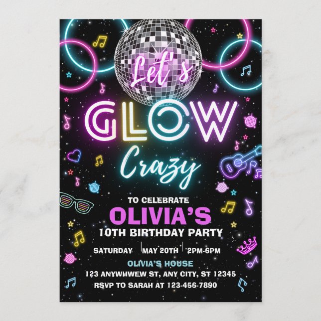 Invitación a la fiesta disco Let's Glow Crazy - bo (Anverso)